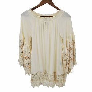 Colleen Lopez Ivory Boho Lace Blouse Crochet Trim Bell Sleeve Peasant Size S